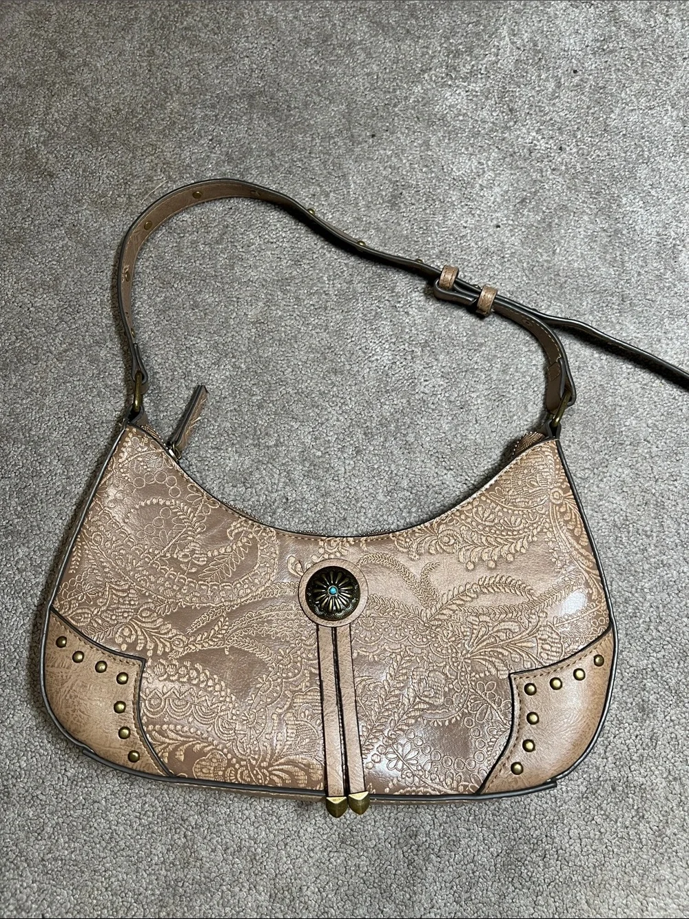 Rein and Bridle Embossed Taupe Shoulder Bag with Concho Accent Western